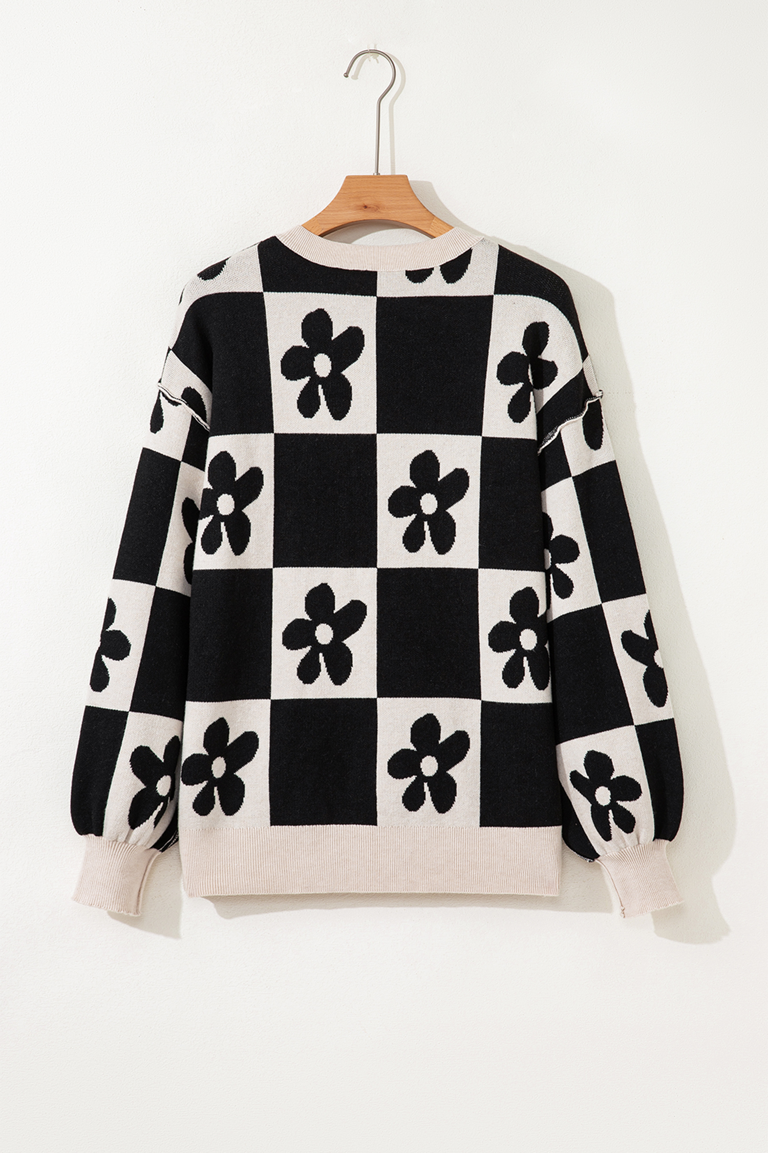 Black Flower Plaid Henley Baggy Sweater