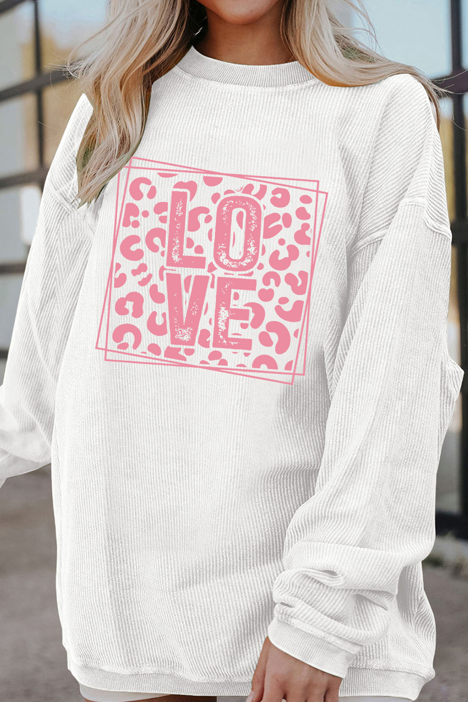 White Corded Ribbed LOVE Leopard Printed Design Drop Shoulder Sweatshirt