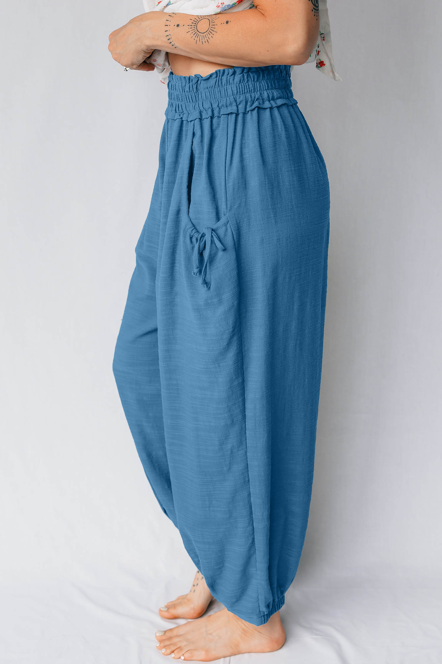 Prussian Blue Smocked Waist Casual Jogger Style Pants