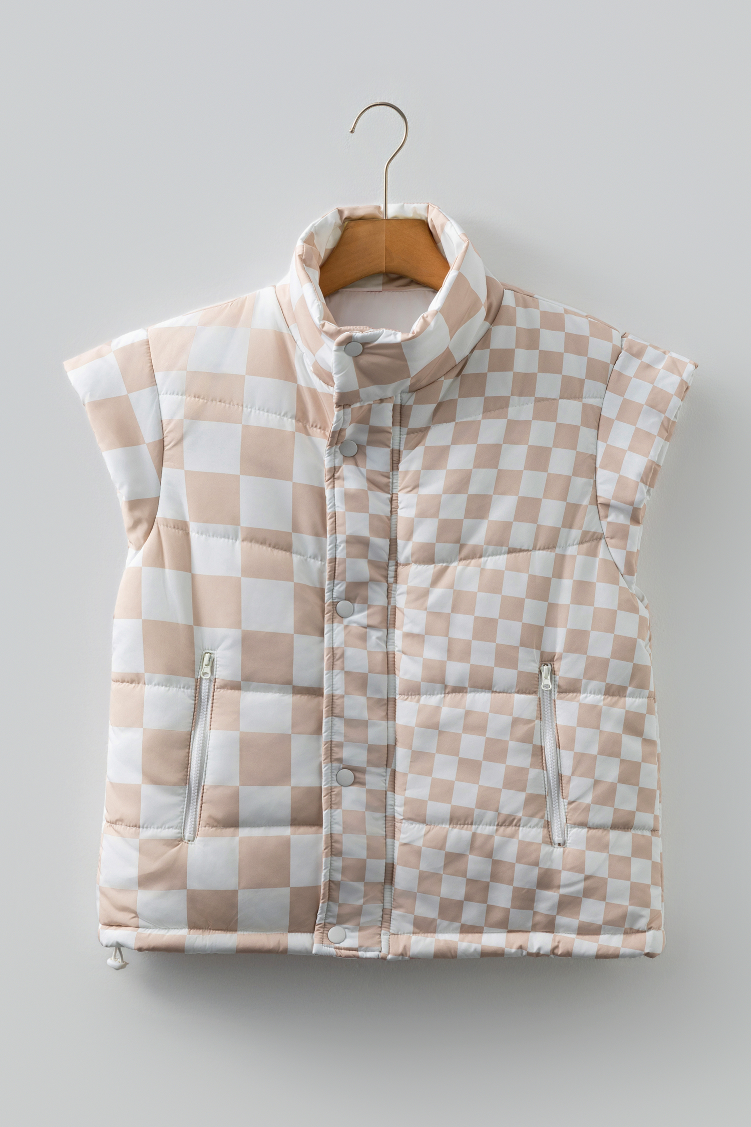 Khaki Contrast Plaid Quilted Button Zip Up Vest