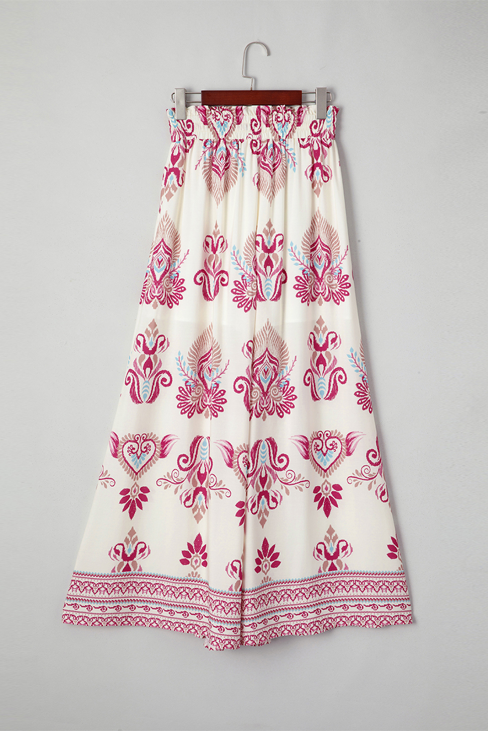 Rose Boho Printed Shirred High Waist Flowy Wide Leg Pants