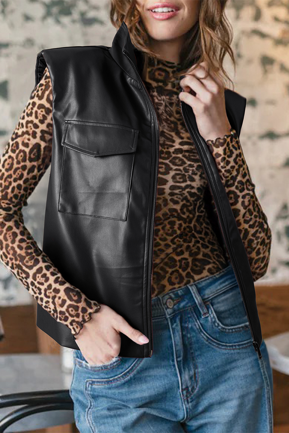 Black Double Flap Pocket Faux Leather Zip Up Stand Neck Vest