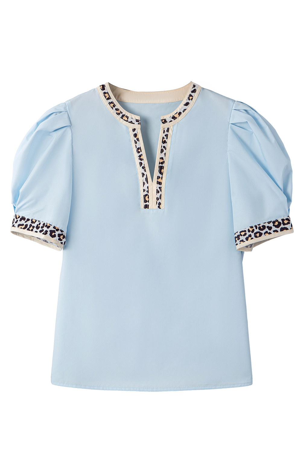 Buckskin Contrast Leopard Trim Split Neck Puff Sleeve Blouse