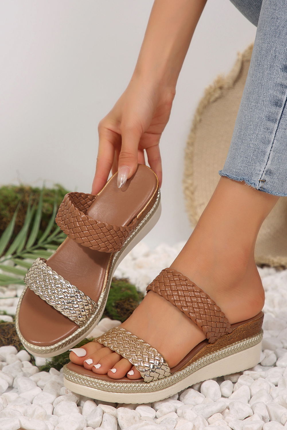 Gold Braided Dual Band PU Leather Wedge Slippers