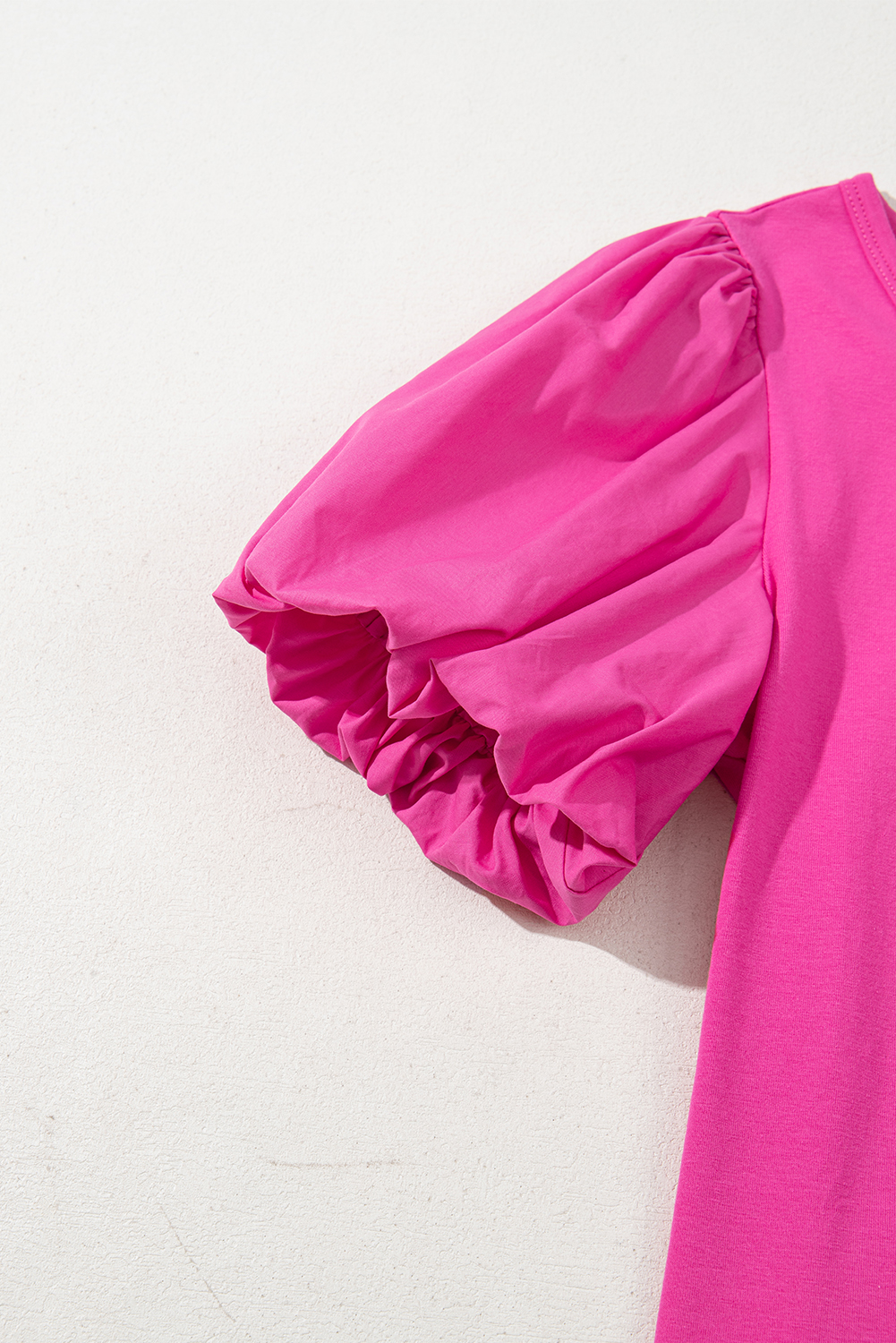 Strawberry Pink Casual Round Neck Bubble Sleeve T-shirt