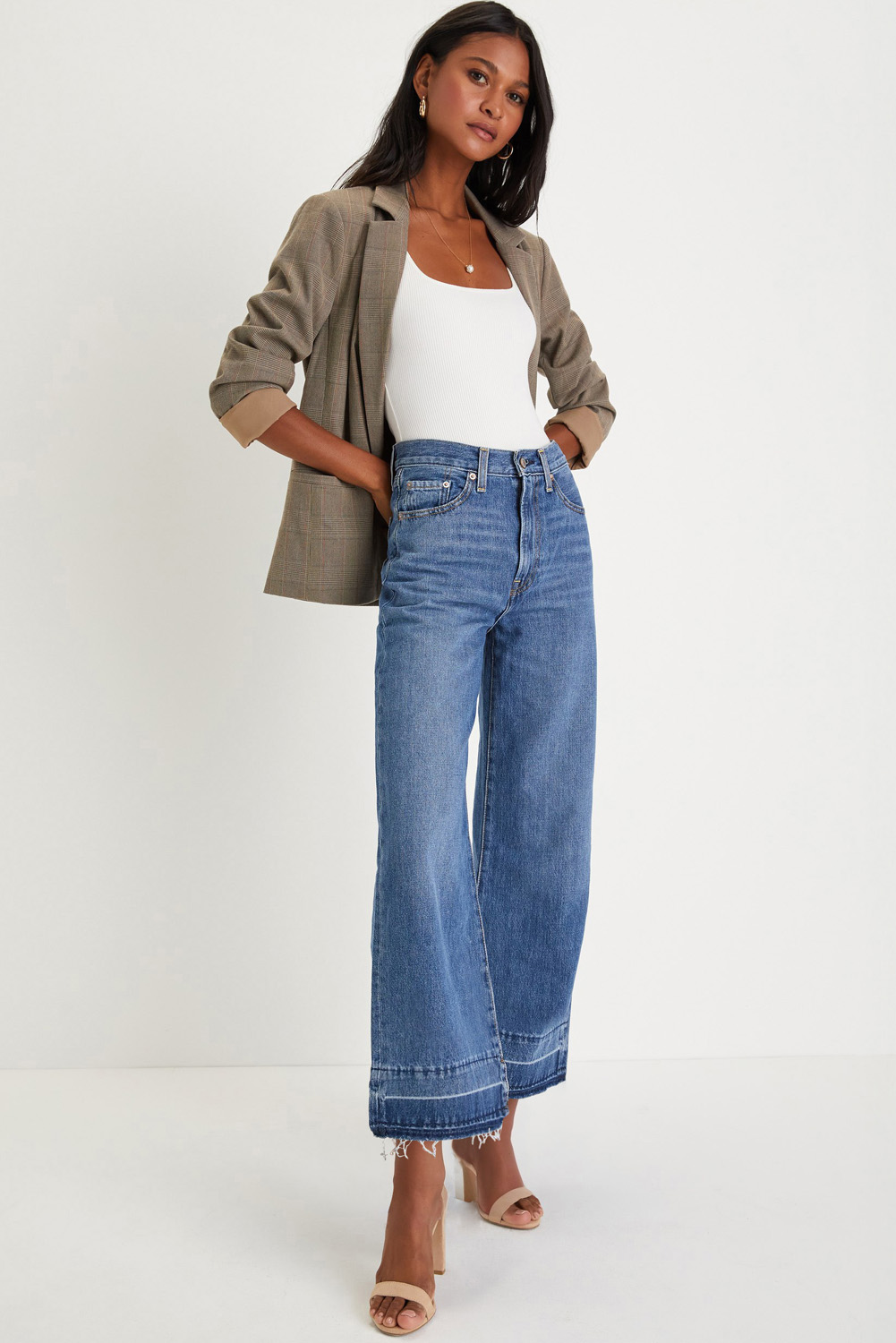 Gray Raw Hem Straight Leg Loose High Waist Jeans