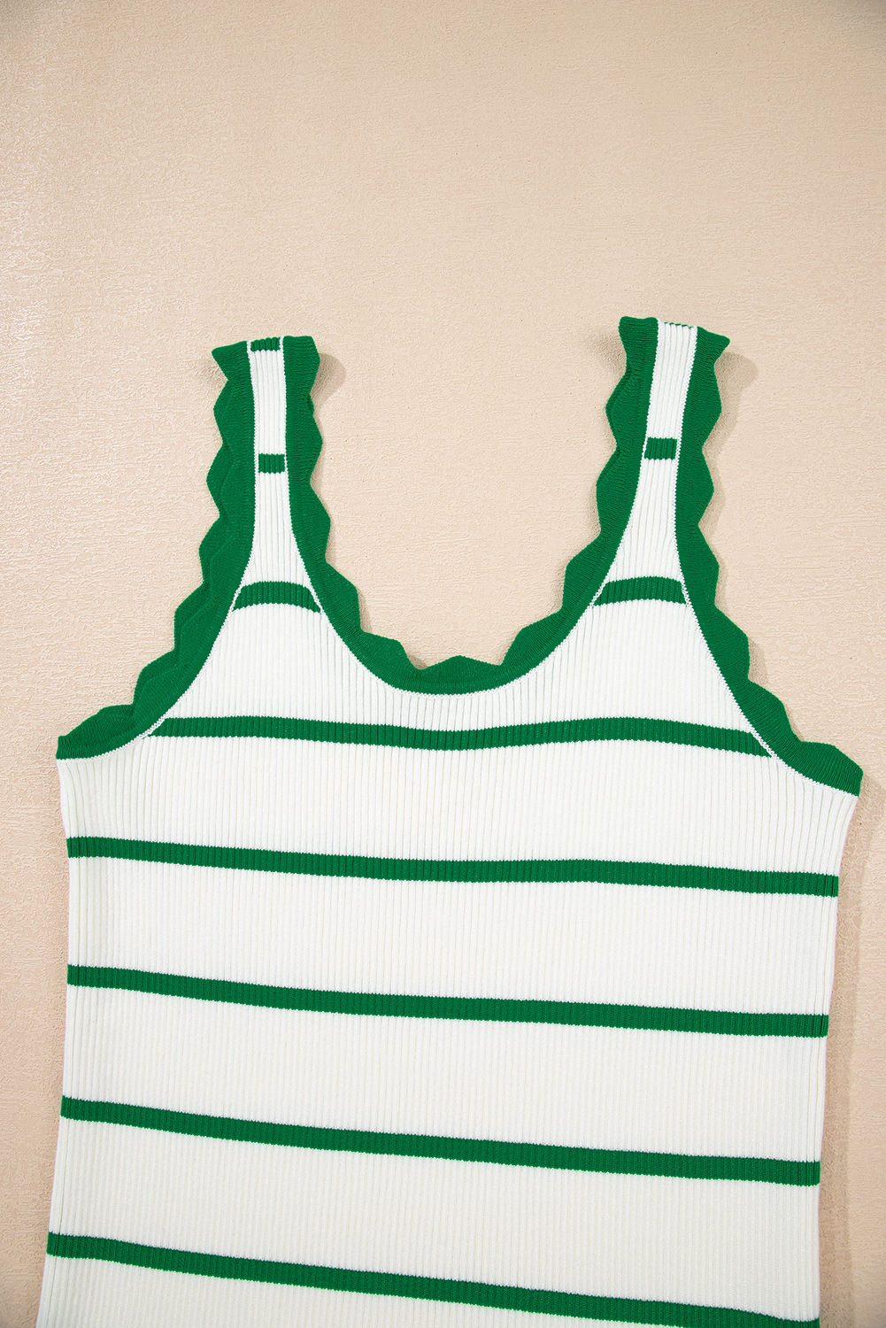 Bright Green Striped Scalloped Edge U Neck Sleeveless Sweater Vest