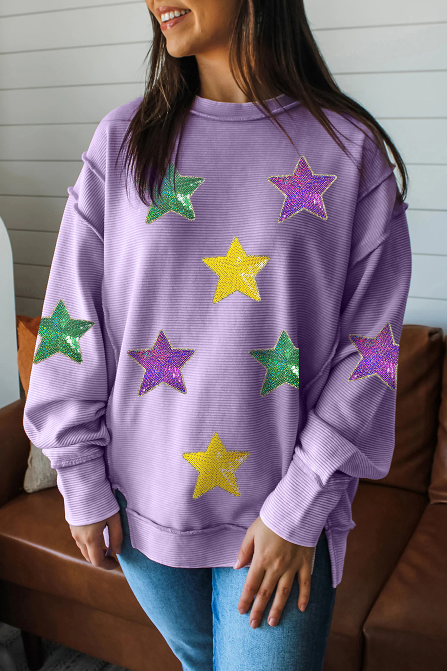 Lavendula Mardi Gras Holiday Sequined Star Patched Patterned Top