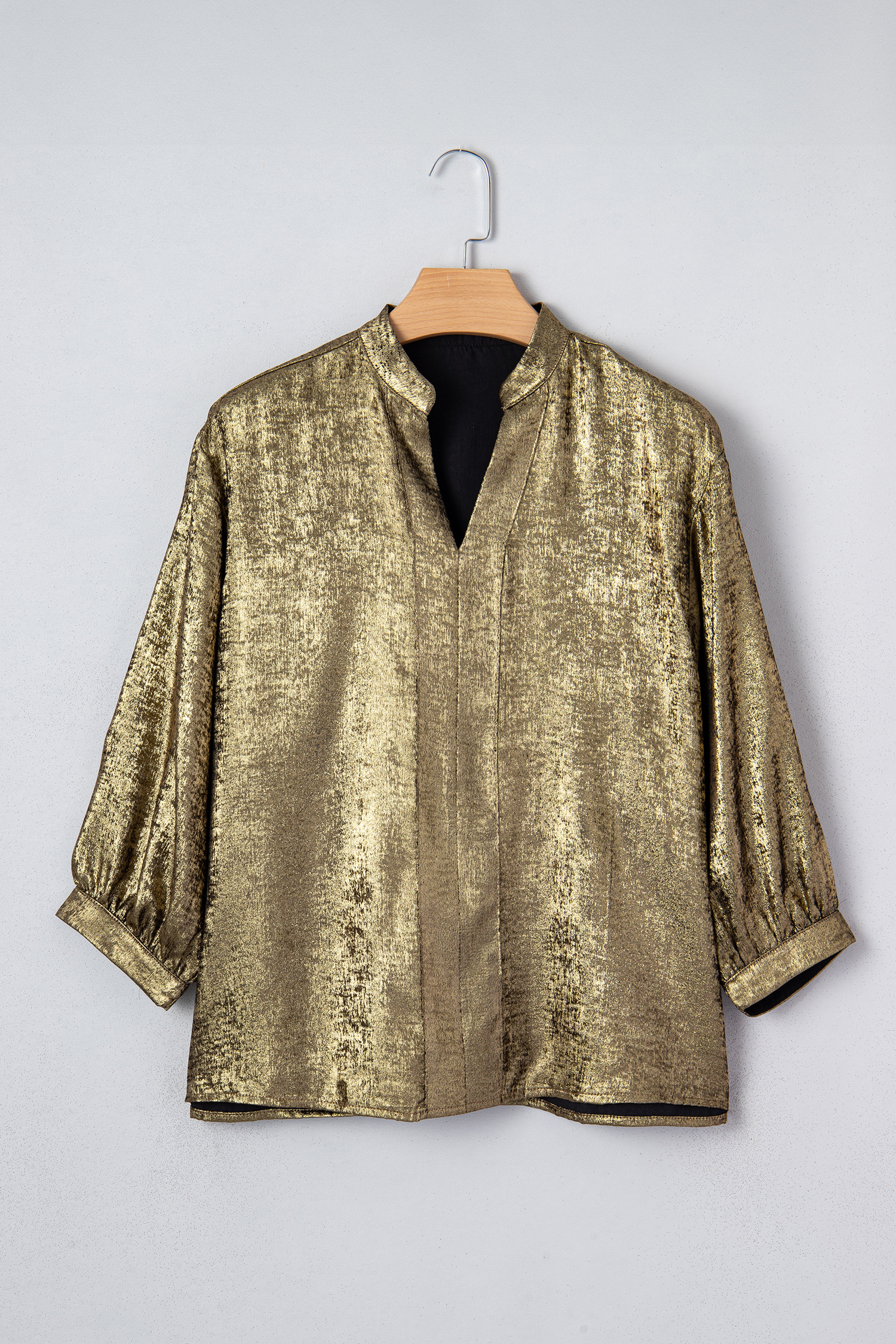Apricot Metallic Round Neck Smocked Long Sleeve Blouse