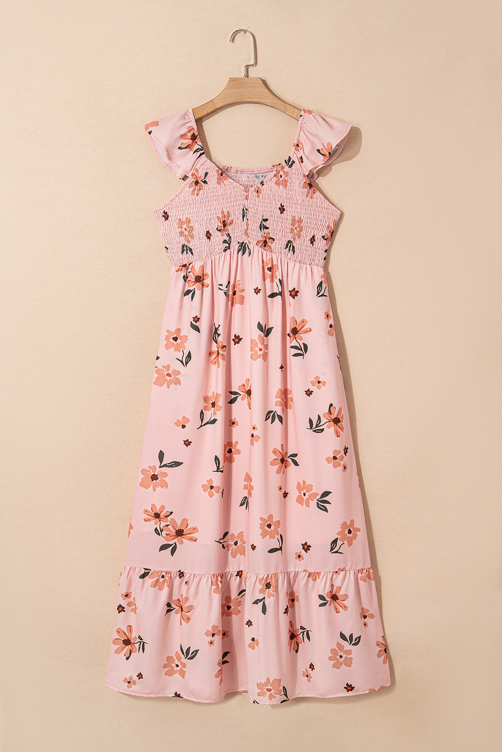 Black V Neck Flutter Sleeve Smocked Bodice High Waist Ruffle Maxi Dress