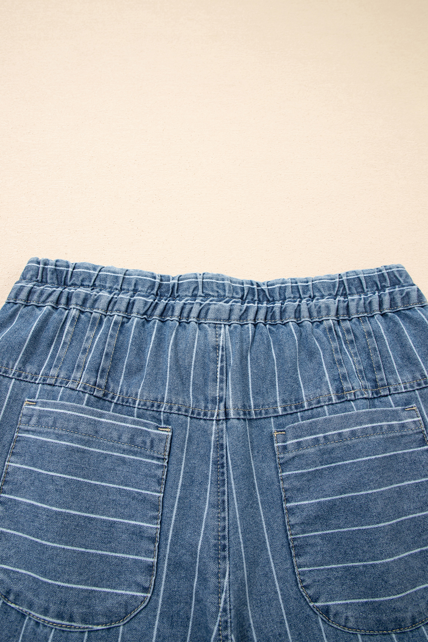 Sky Blue Stripe Button Pleated Drawstring Waist Casual Wide Leg Jeans