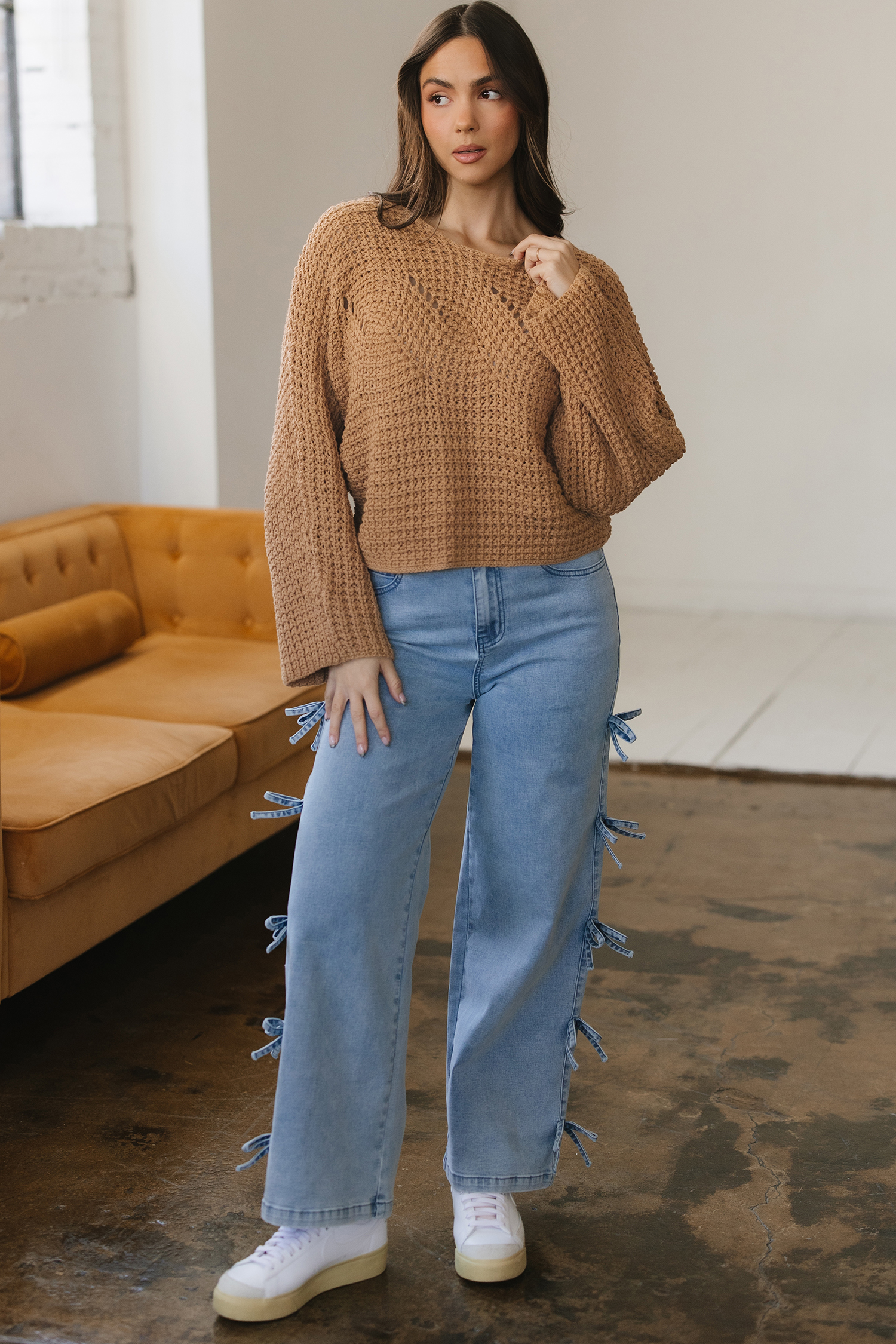 Camel Hollowed Detail Wide Sleeve Loose Pullover Sweater