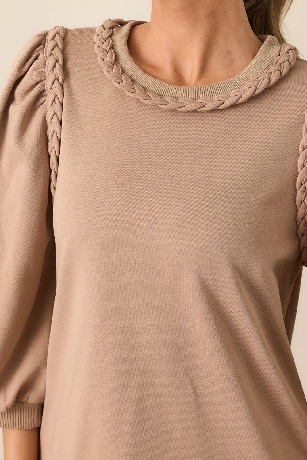 Light French Beige Braided Trim Puff Sleeve Dress