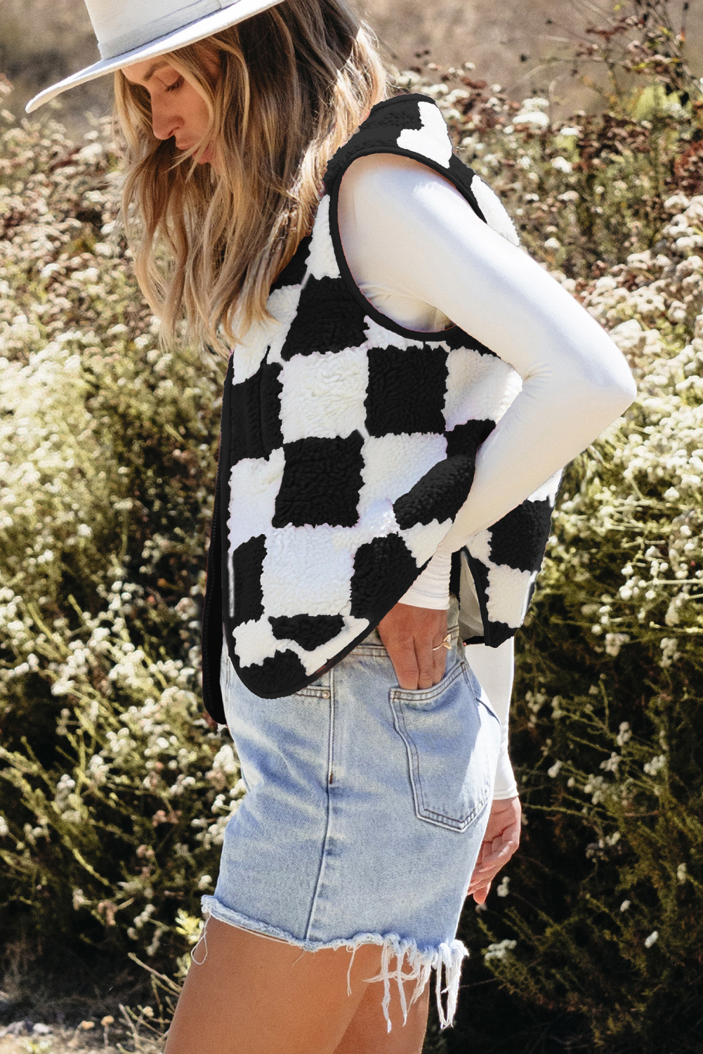 Khaki Checkered Sherpa Collared Jacket Vest