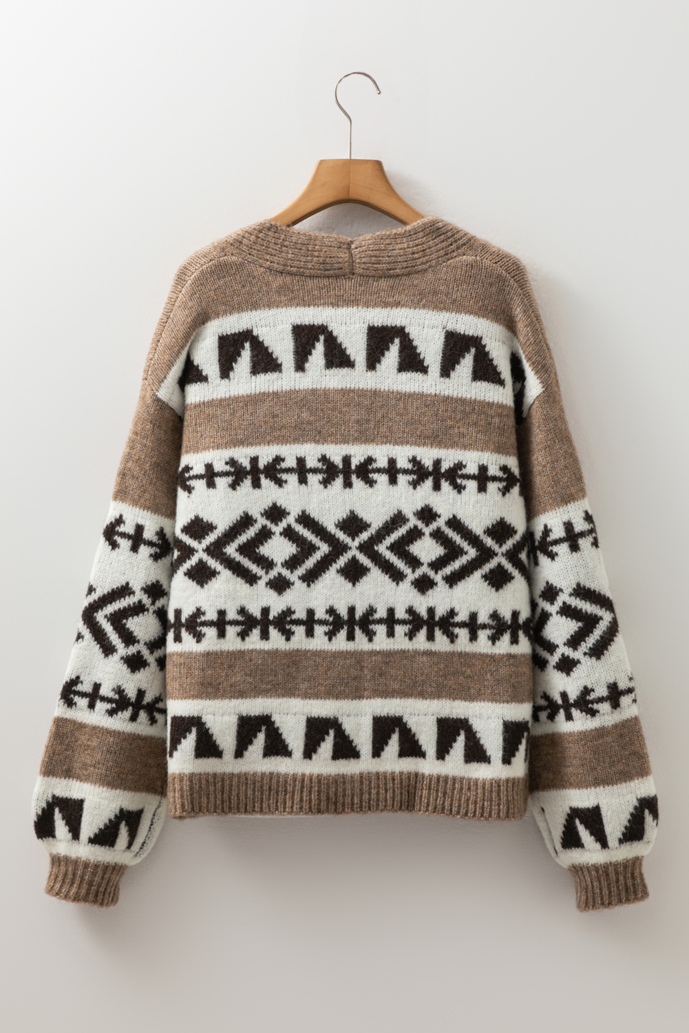 Dark Khaki Ethnic Geometric Pattern Button Front V Neck Sweater Cardigan