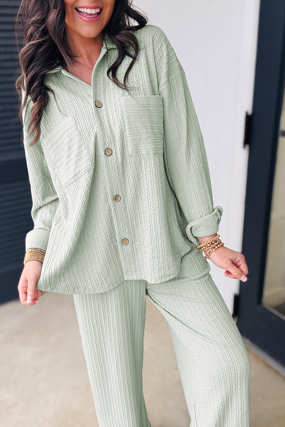Clearly Aqua Textured Patched Chest Pocket Shirt and Pants Set