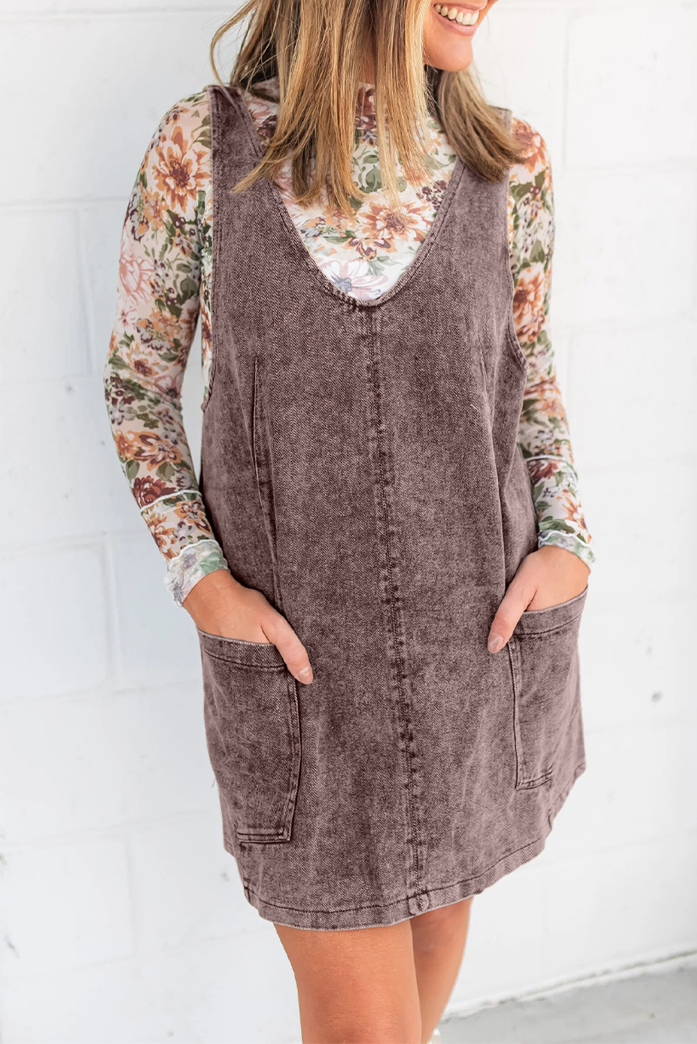 Goat Vintage Washed Denim V Neck Suspender Mini Dress