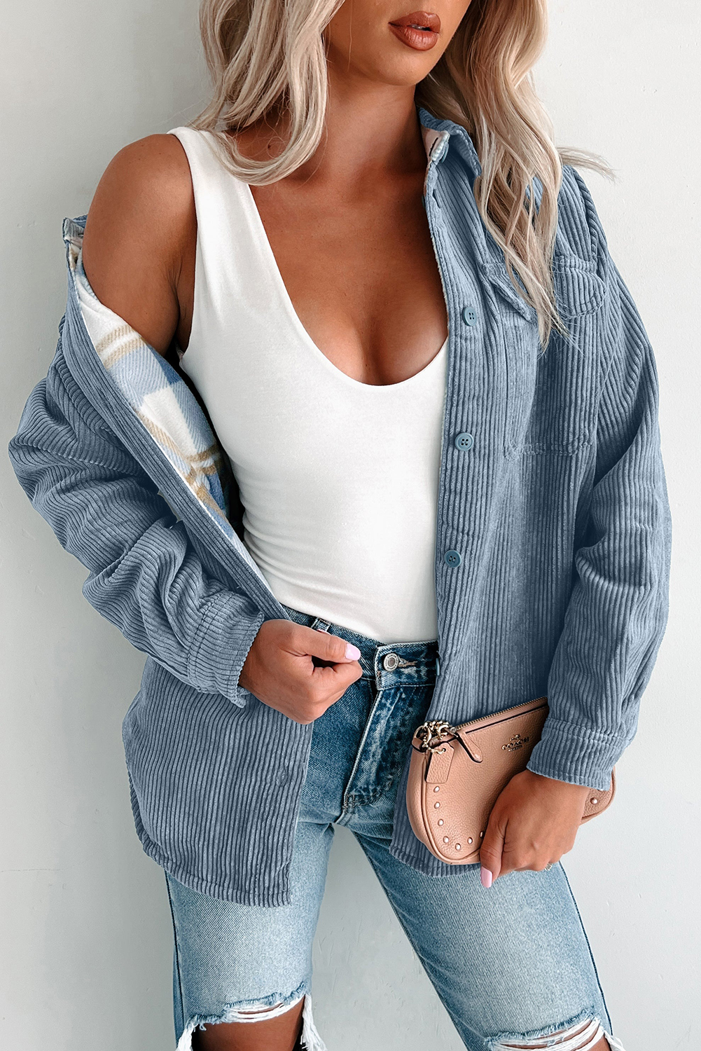 Stone Blue Plaid Corduroy Reversible Button Up Shacket