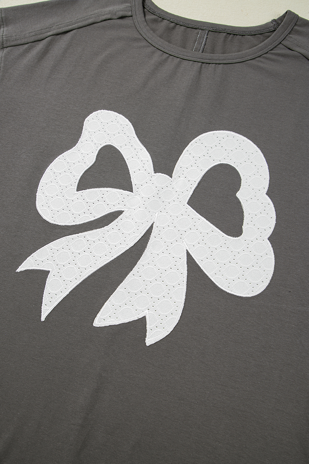 Medium Grey Lace Bow Raw Edge Drop Shoulder Casual T Shirt