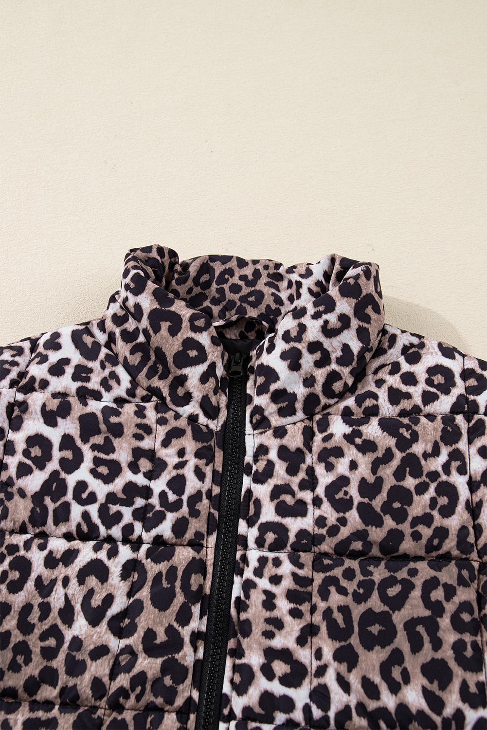 Brown Leopard Quilted Full Zipper Casual Puff Vest