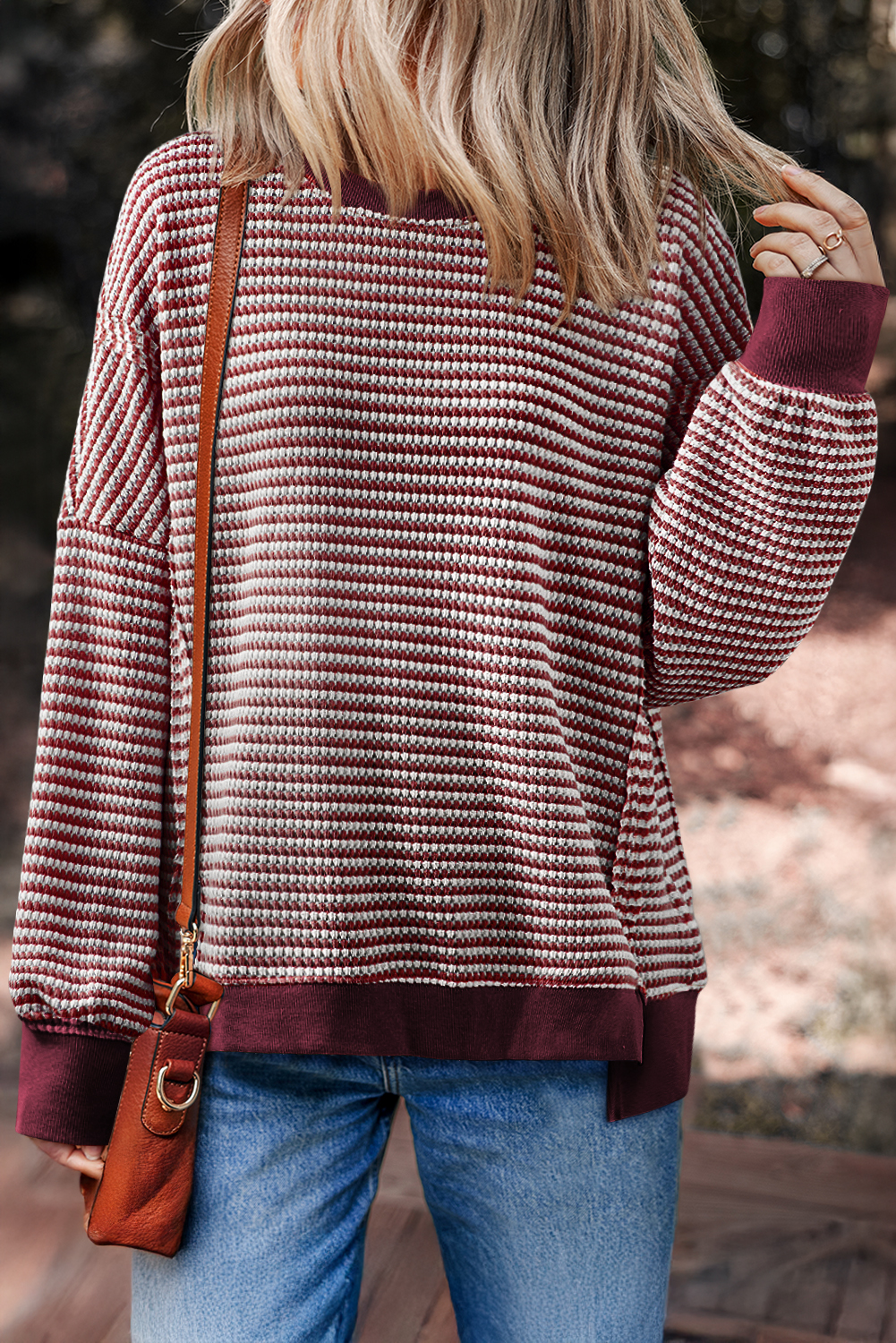 Red Stripe Ribbed Trim Drop Shoulder Long Sleeve Oversize Top