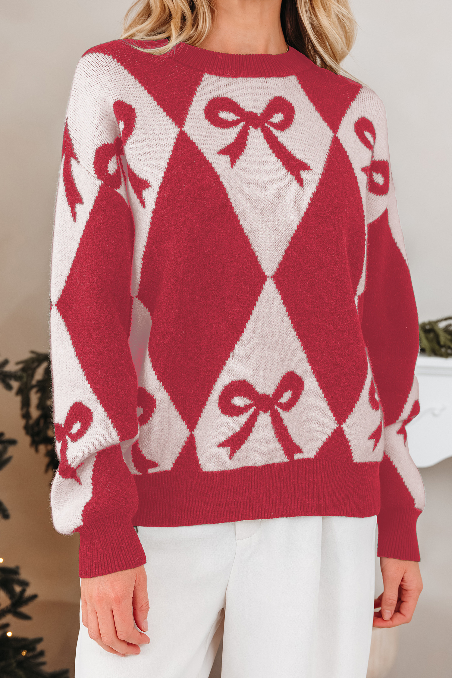 Black Bow Print 2-tone Rhombus Knit Loose Sweater