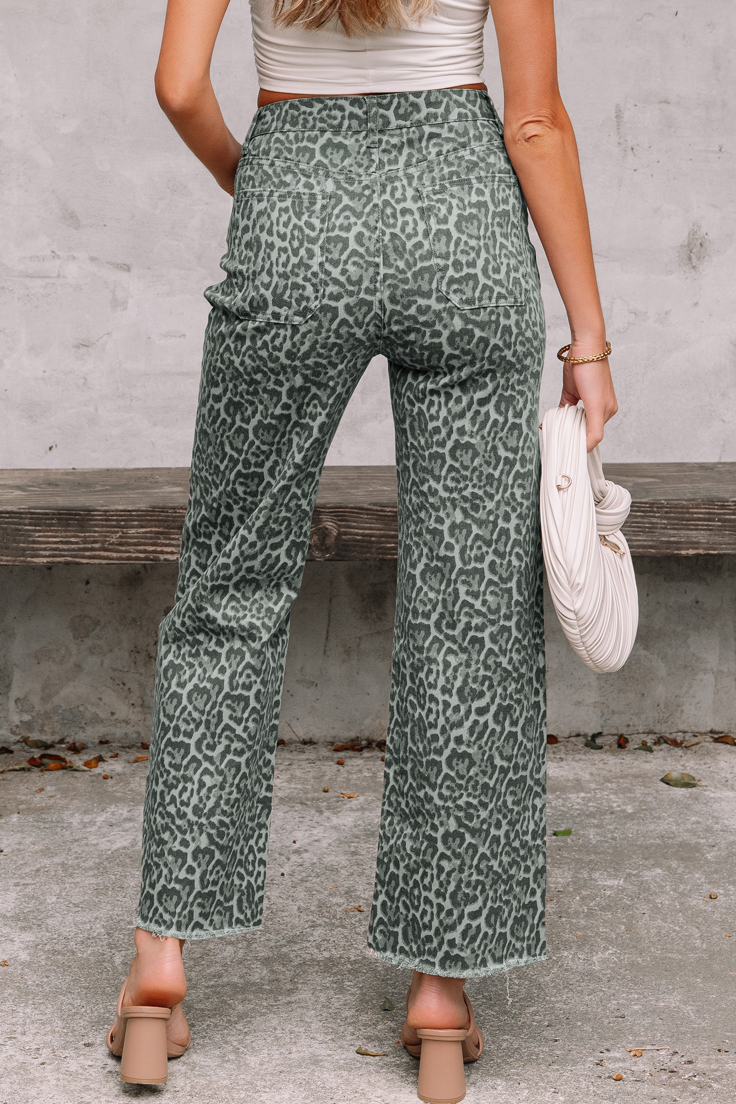 Rose Leopard Frayed Edge Wide Leg High Waist Jeans