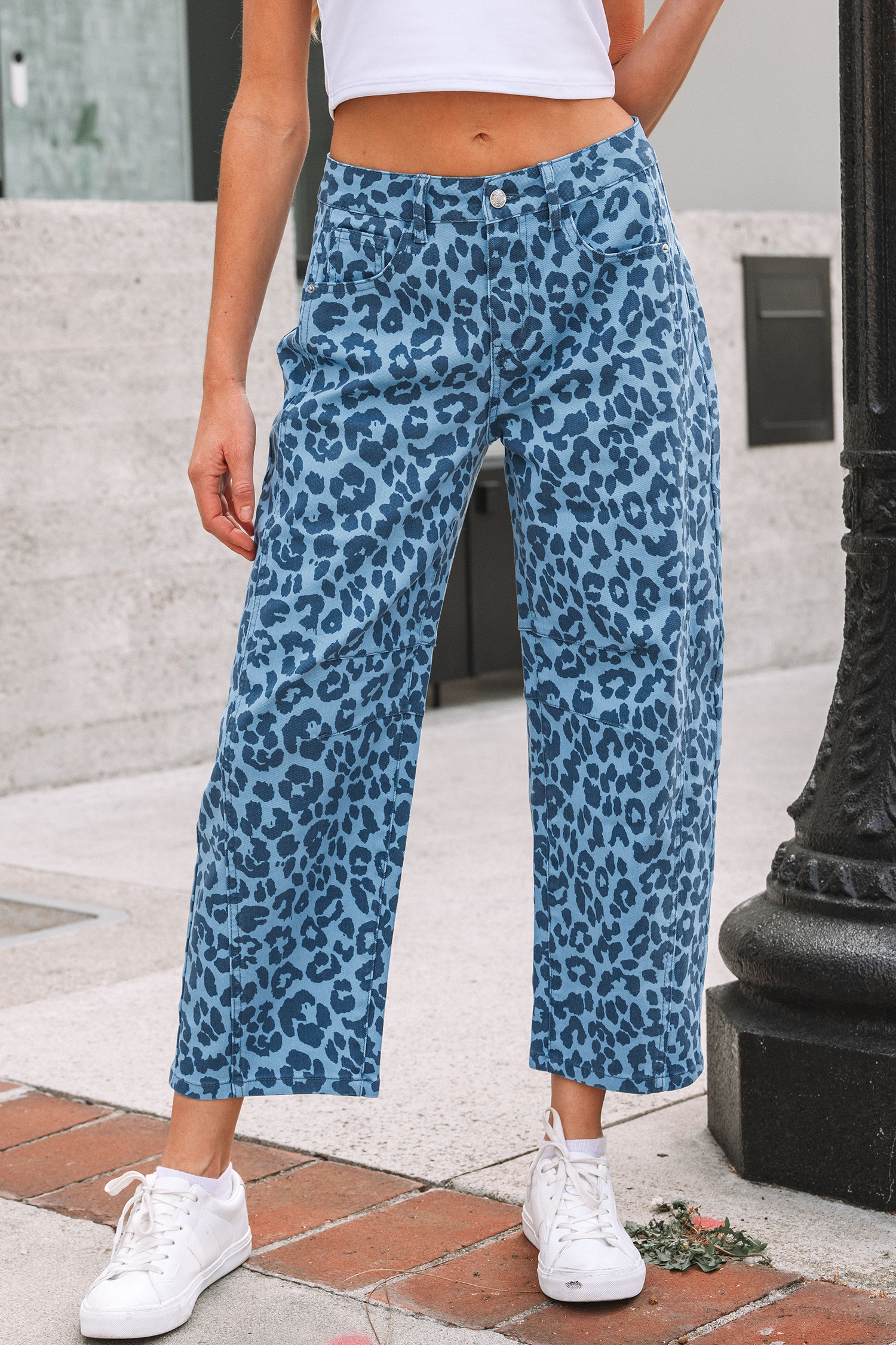 Khaki Leopard Print Straight Loose Jeans
