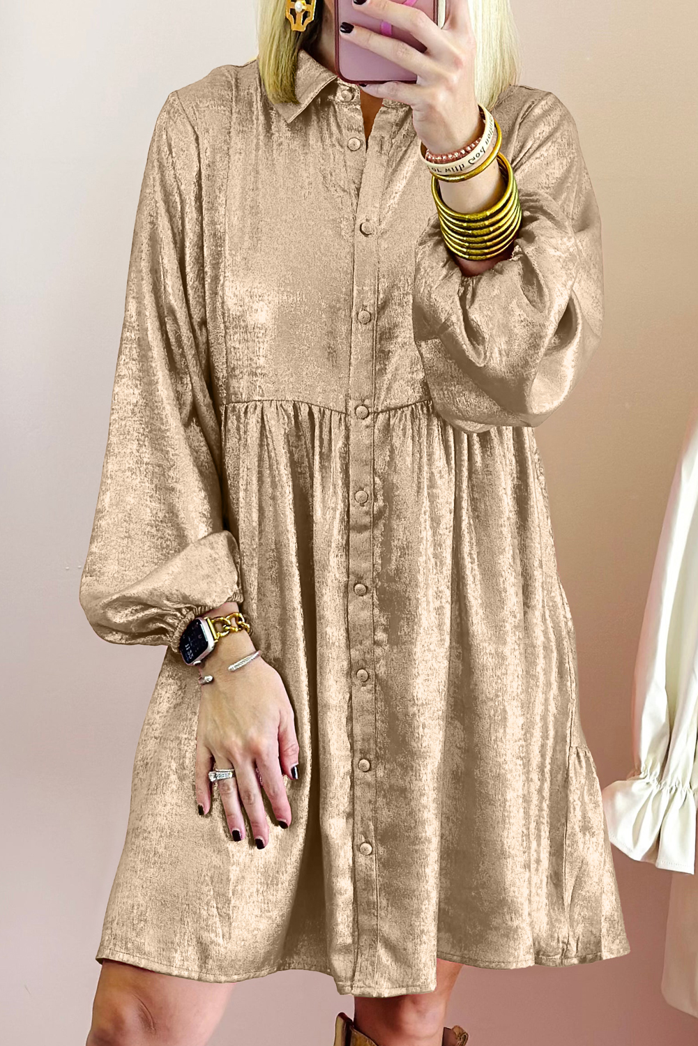 Dearlovers Gold Metallic Frilled V Neck Puff Sleeve Babydoll Blouse