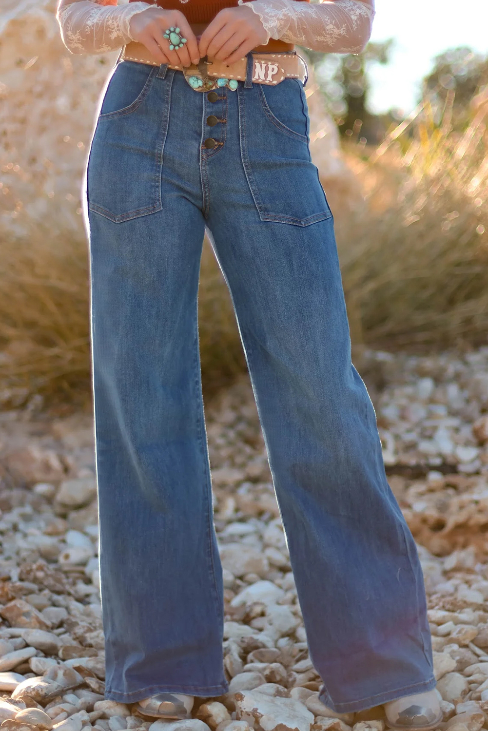 Ashleigh Blue Multi Buttons High Waist Wide Leg Jeans With Pockets