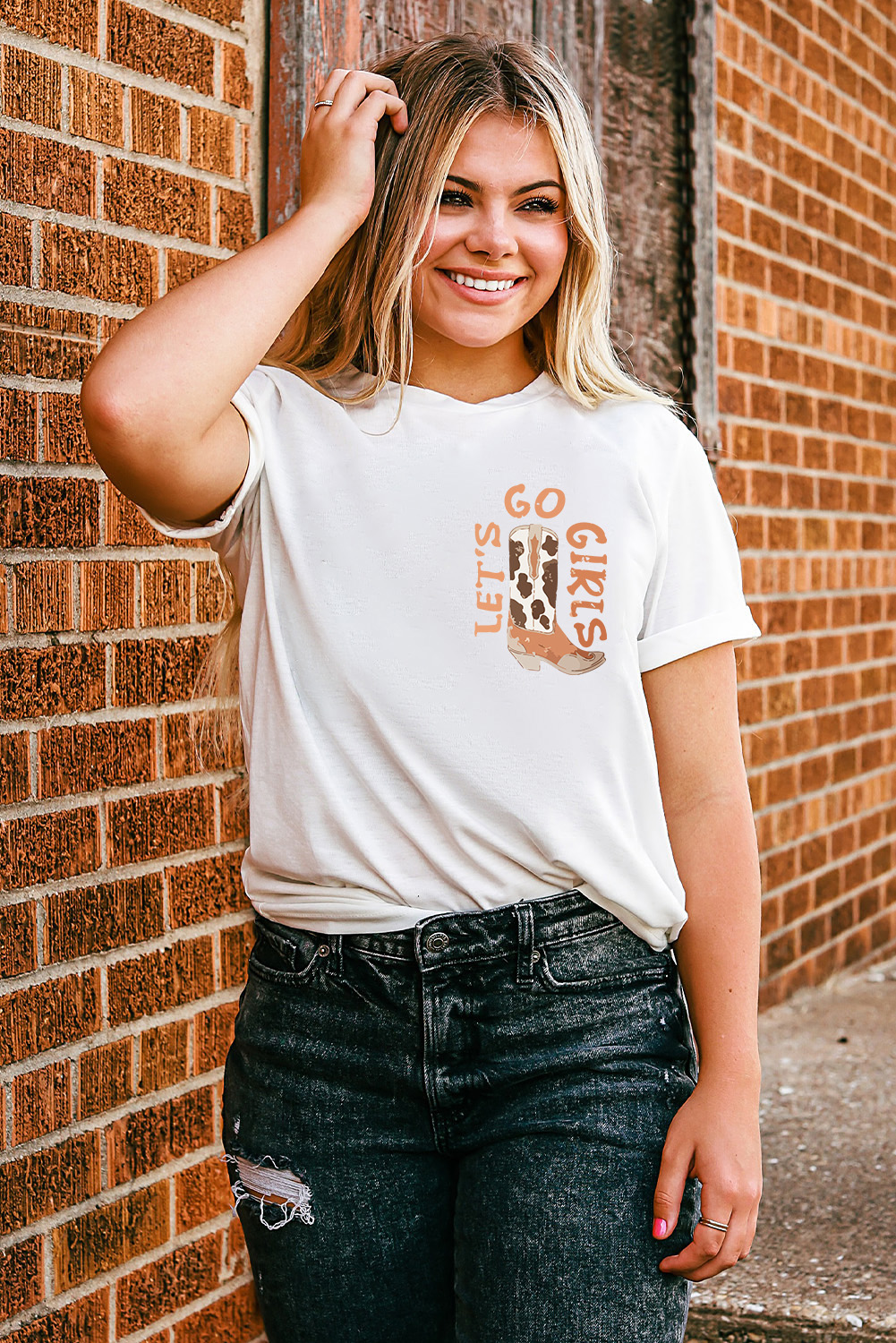 White Western Cowboy Boots Print Round Neck T Shirt