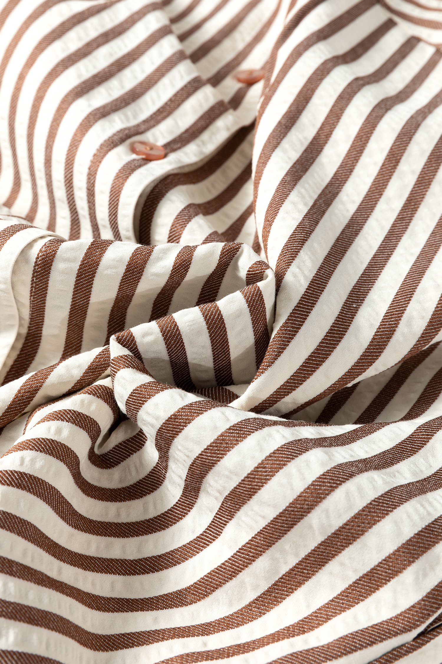 Brown Stripe Textured 3/4 Sleeve Round Hem Split Midi Shirt Dress
