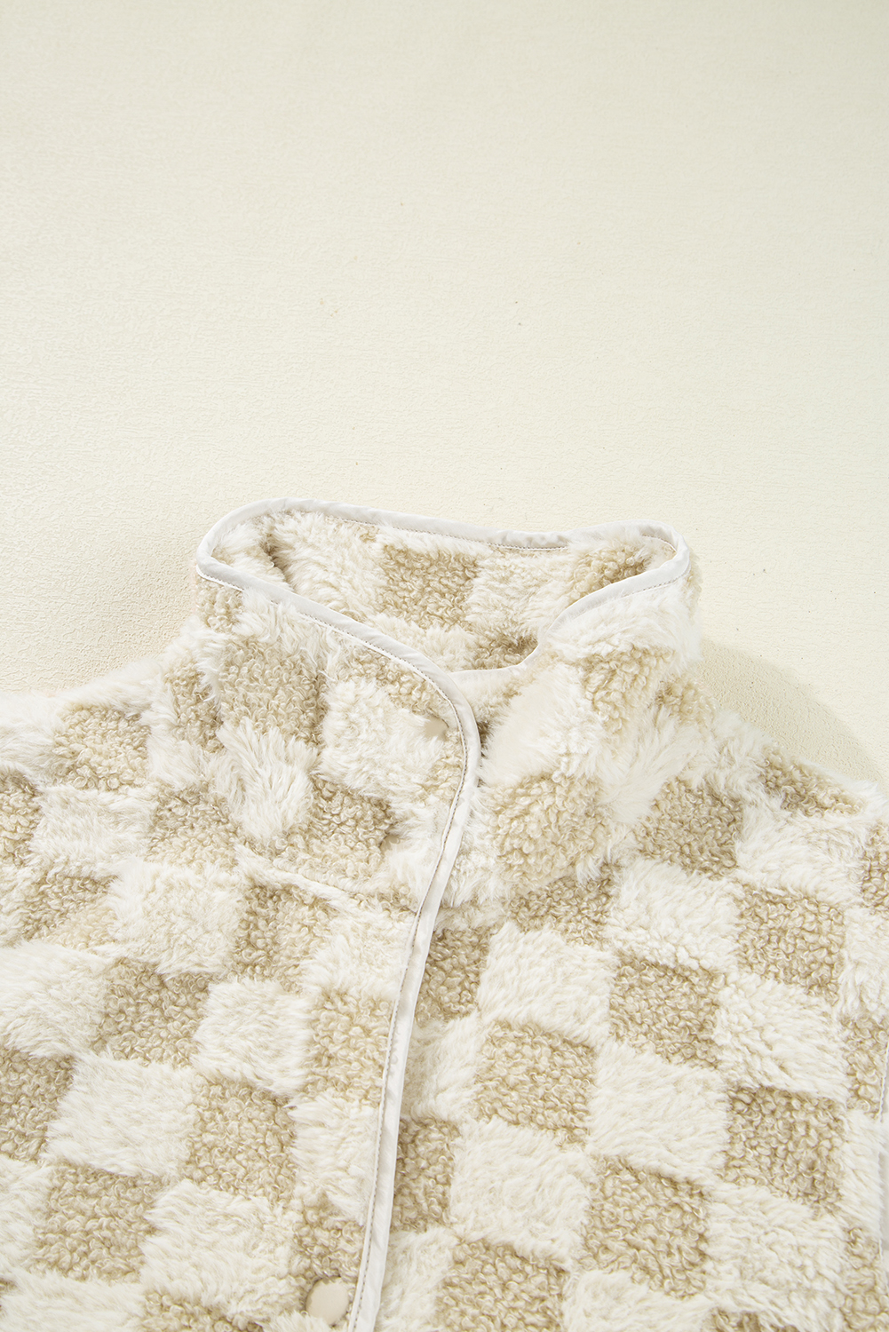 Khaki Sherpa Checkerboard Snap Button Vest Jacket With Pocket