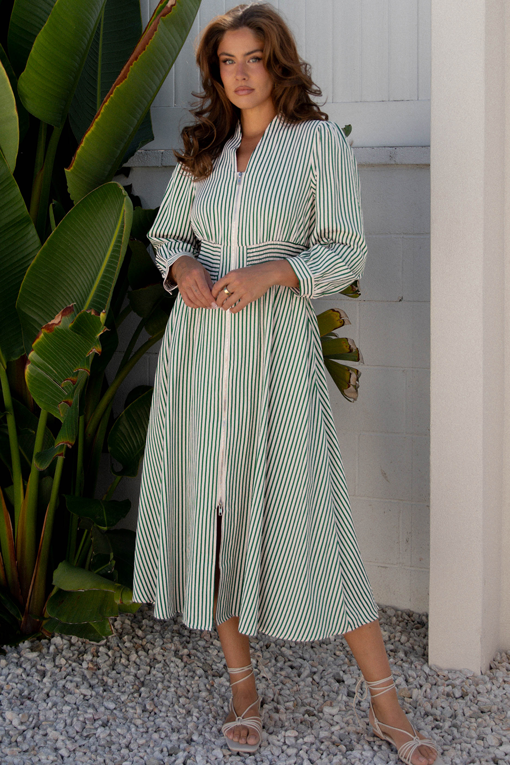 Coffee Plaid Print Full Zipper Cinched Waist Fit Flare Sleeveless Maxi Dress