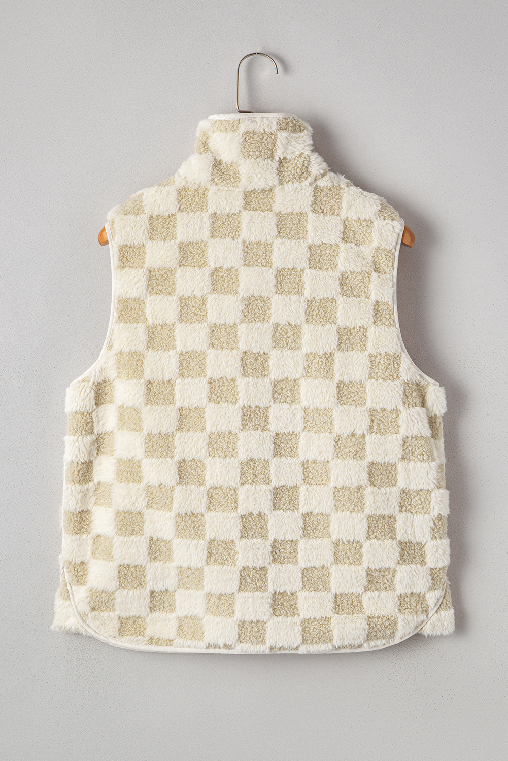 Khaki Sherpa Checkerboard Snap Button Vest Jacket With Pocket
