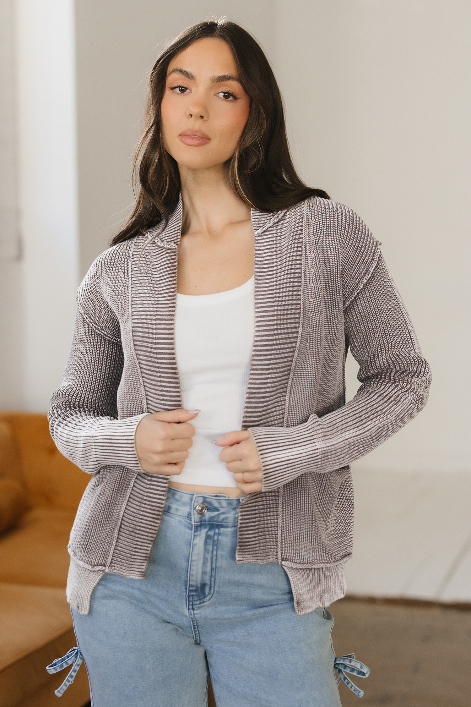 Dark Brown Mineral Wash Exposed Seam Patchwork Knit Open Sweater Cardigan