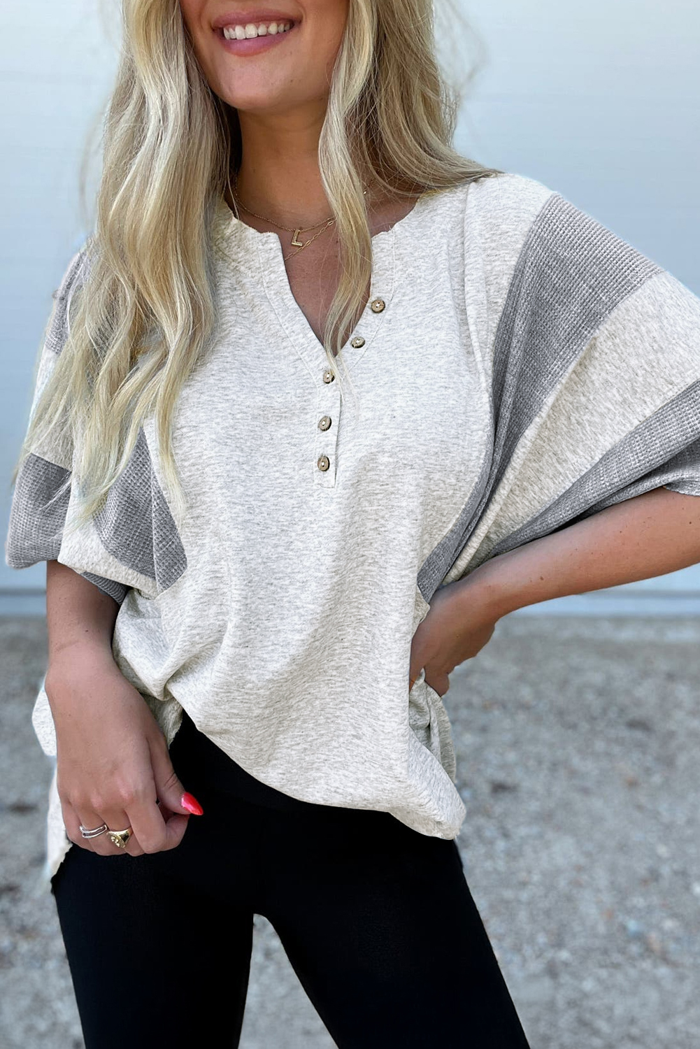 Dearlovers Light Grey Two Tone Contrast Waffle Knit Patched Buttoned V Neck Top