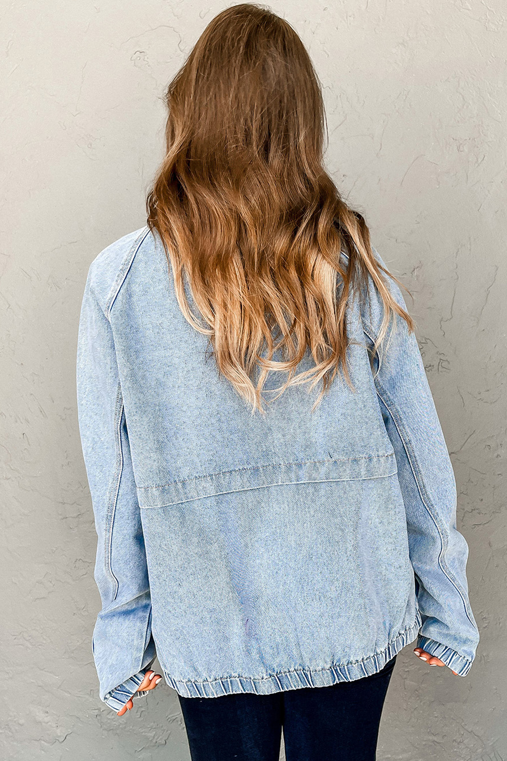 Myosotis Elastic Edge Collared Zip Up Denim Jacket With Pocket