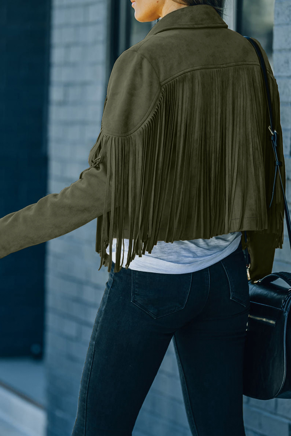 Gray Cropped Fringe Faux Suede Jacket