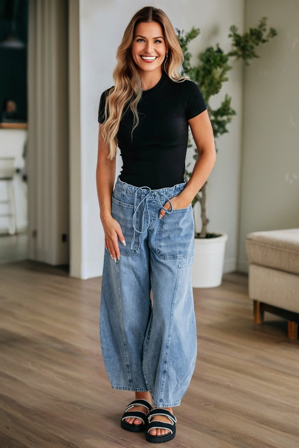Myosotis Large Patch Pocket Drawstring Paperbag Waist Barrel Jeans