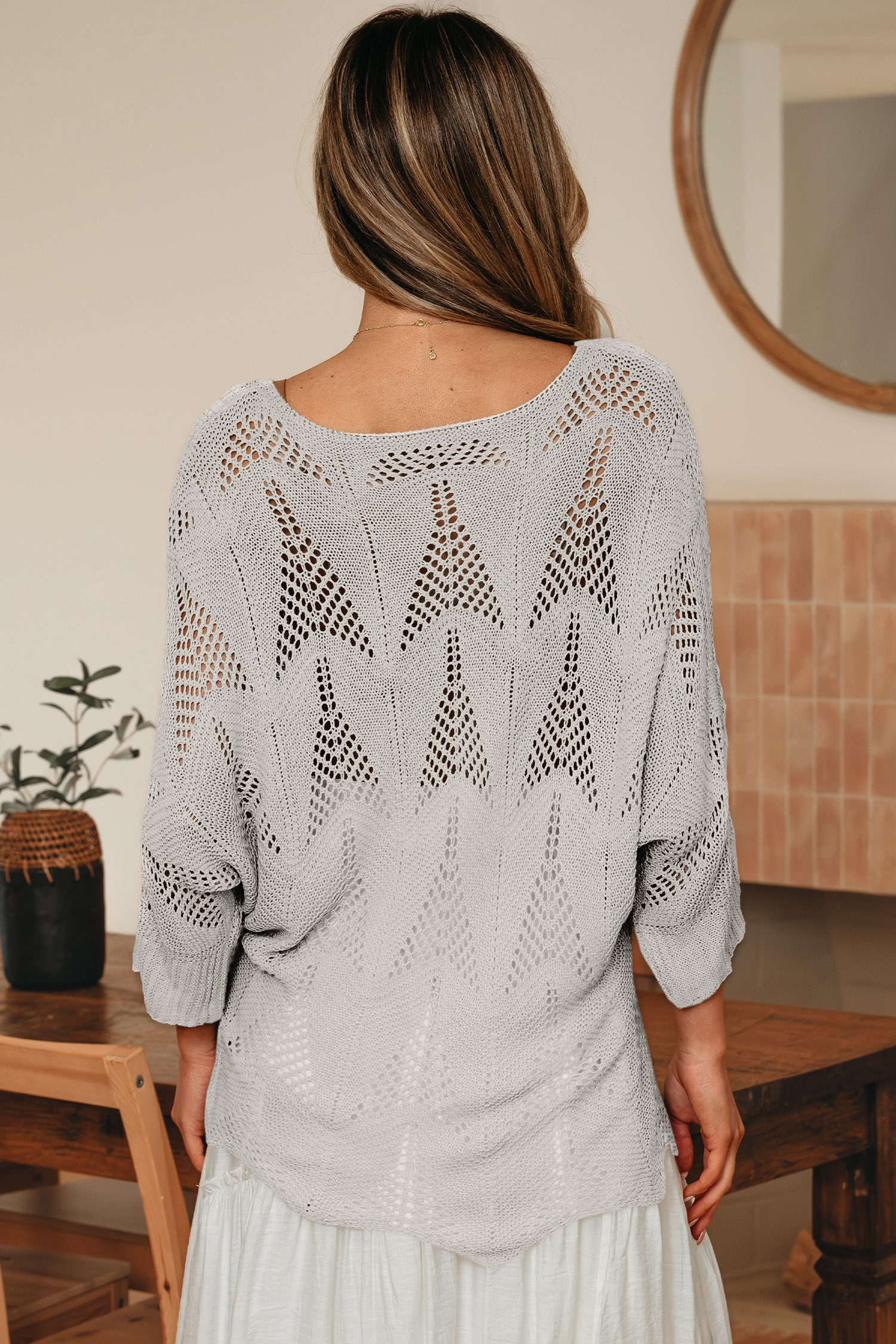 Navy Blue Hollow Out Knit 7/8 Sleeve Casual Sweater