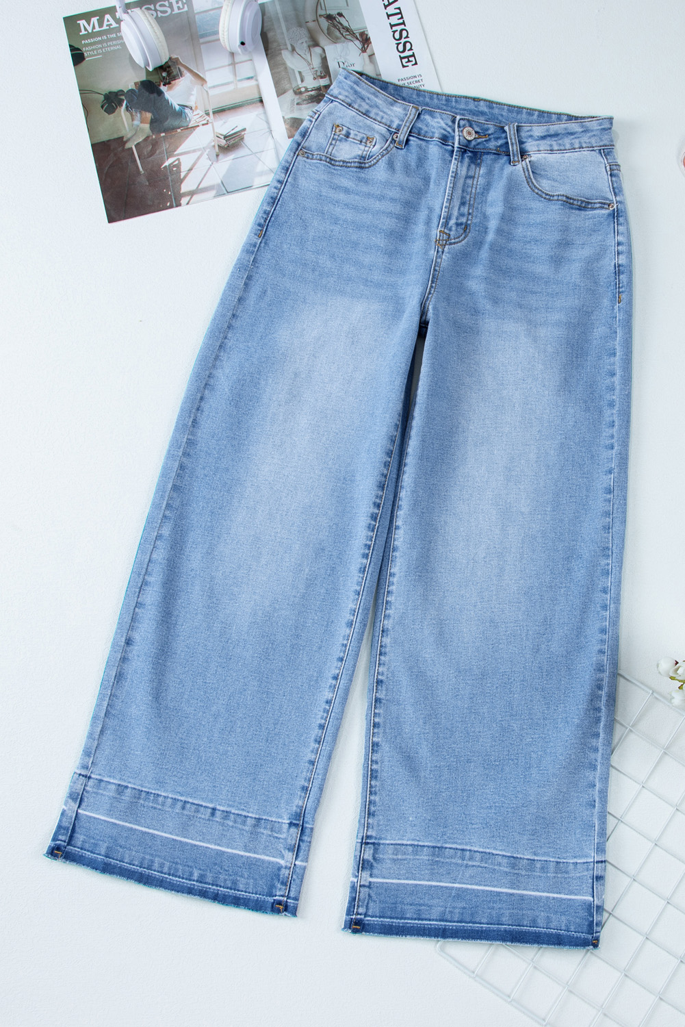 Gray Raw Hem Straight Leg Loose High Waist Jeans