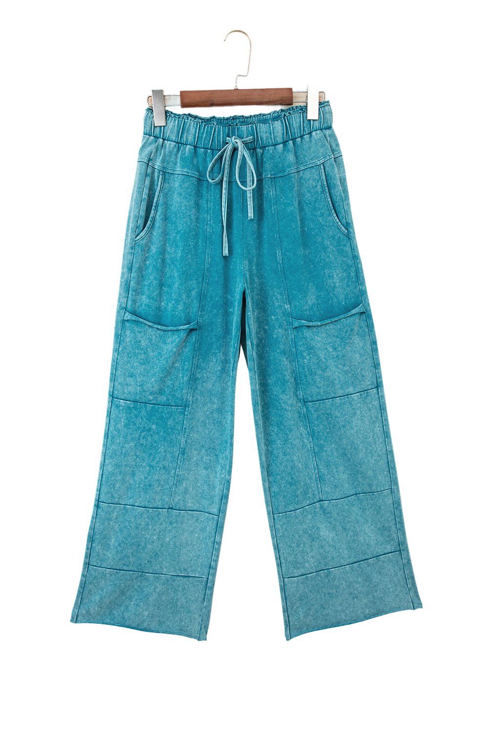 Lapis Mineral Wash Lace-up High Waist Raw Hem Patched Pocket Pants