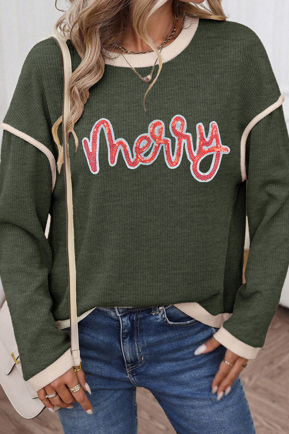 Four Leaf Clover Merry Patched Graphic Contrast Trim Christmas Knitted Long Sleeve Top