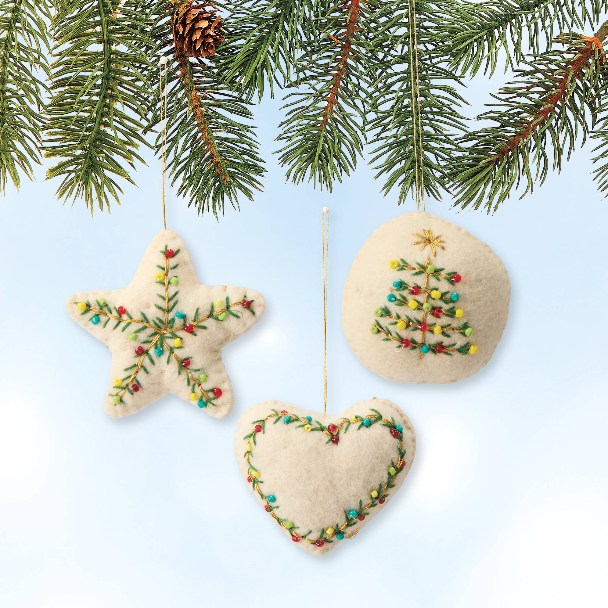 Handcrafted Embroidered Floral Felt Ornaments, Set of 3 - Signals Catalog