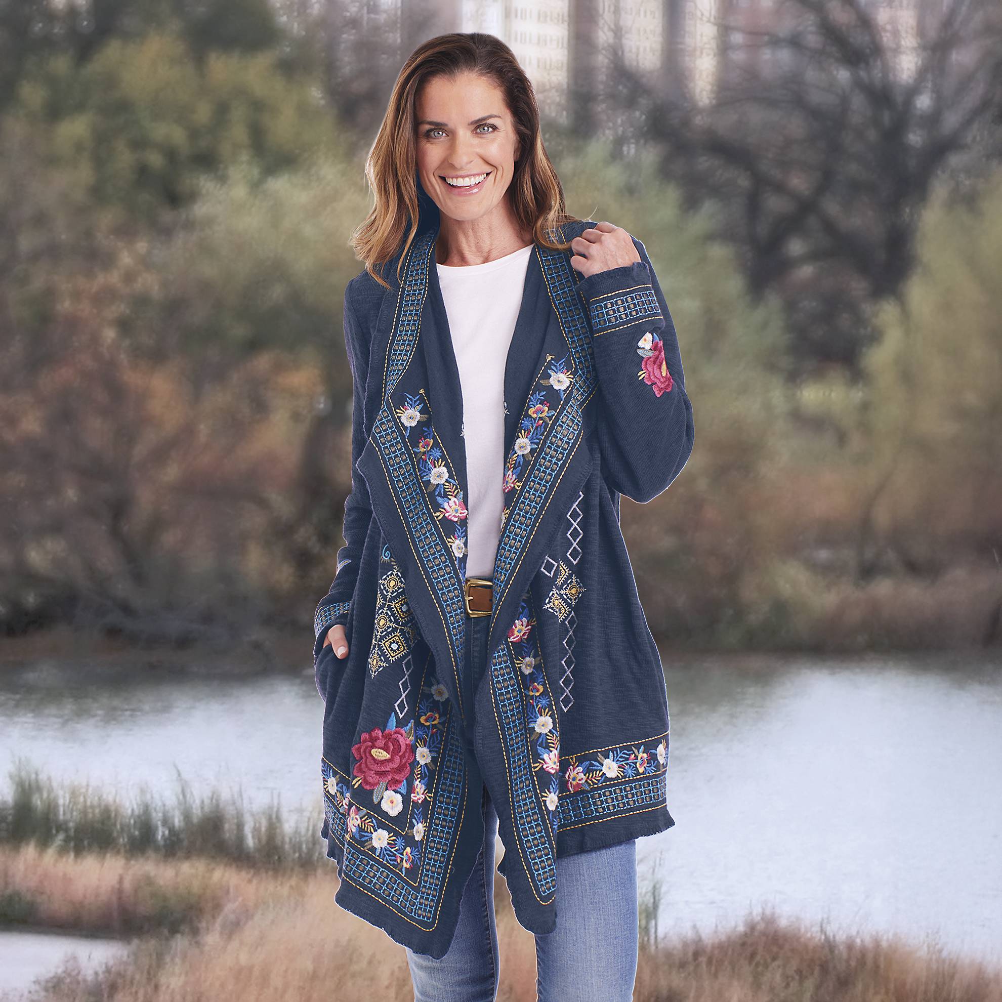 Embroidered Floral Open-Front Cardigan, Cotton, Pockets - Signals Catalog