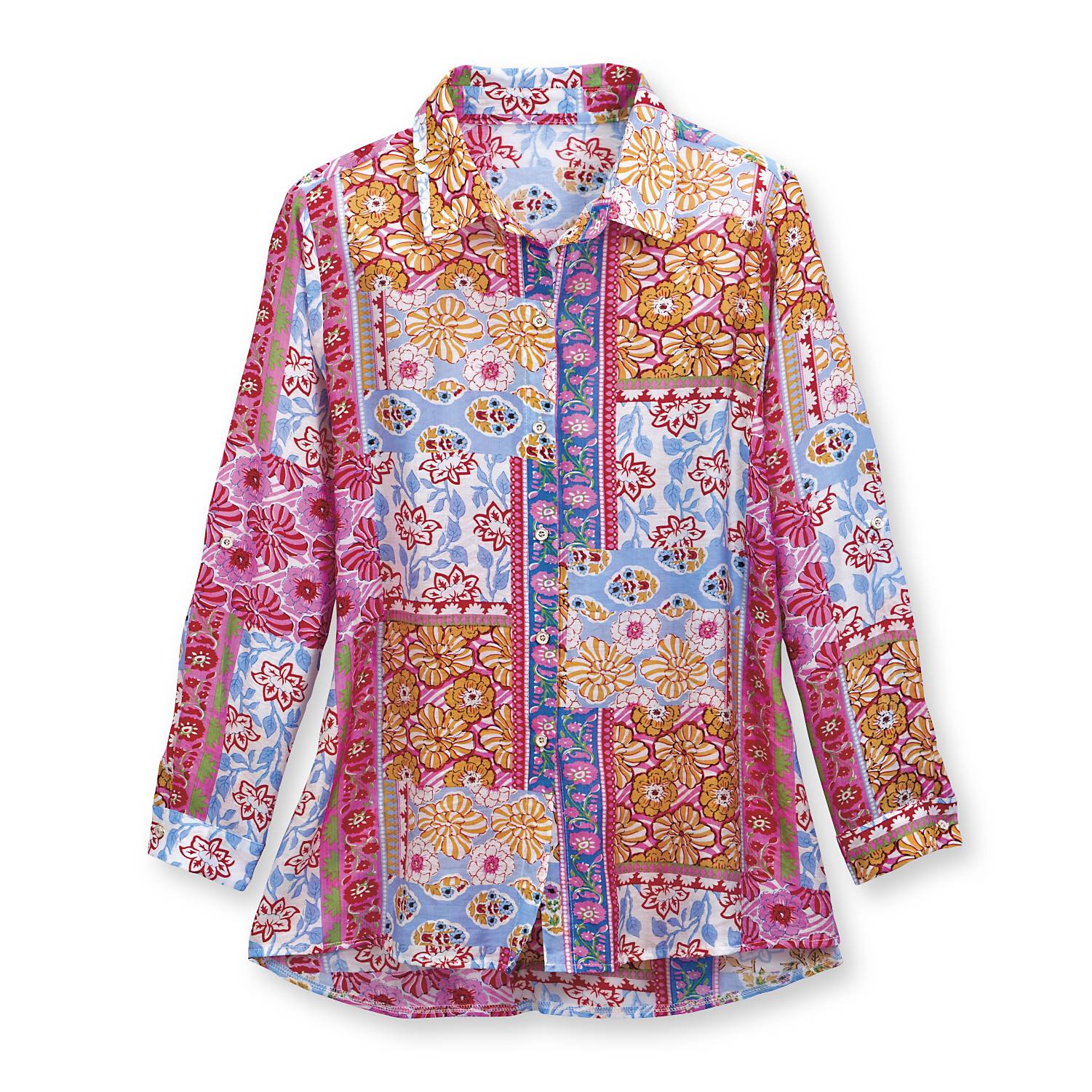 Patchwork Floral Shirt, Button Front, Roll-Tab Sleeves, Side Slits - Signals Catalog