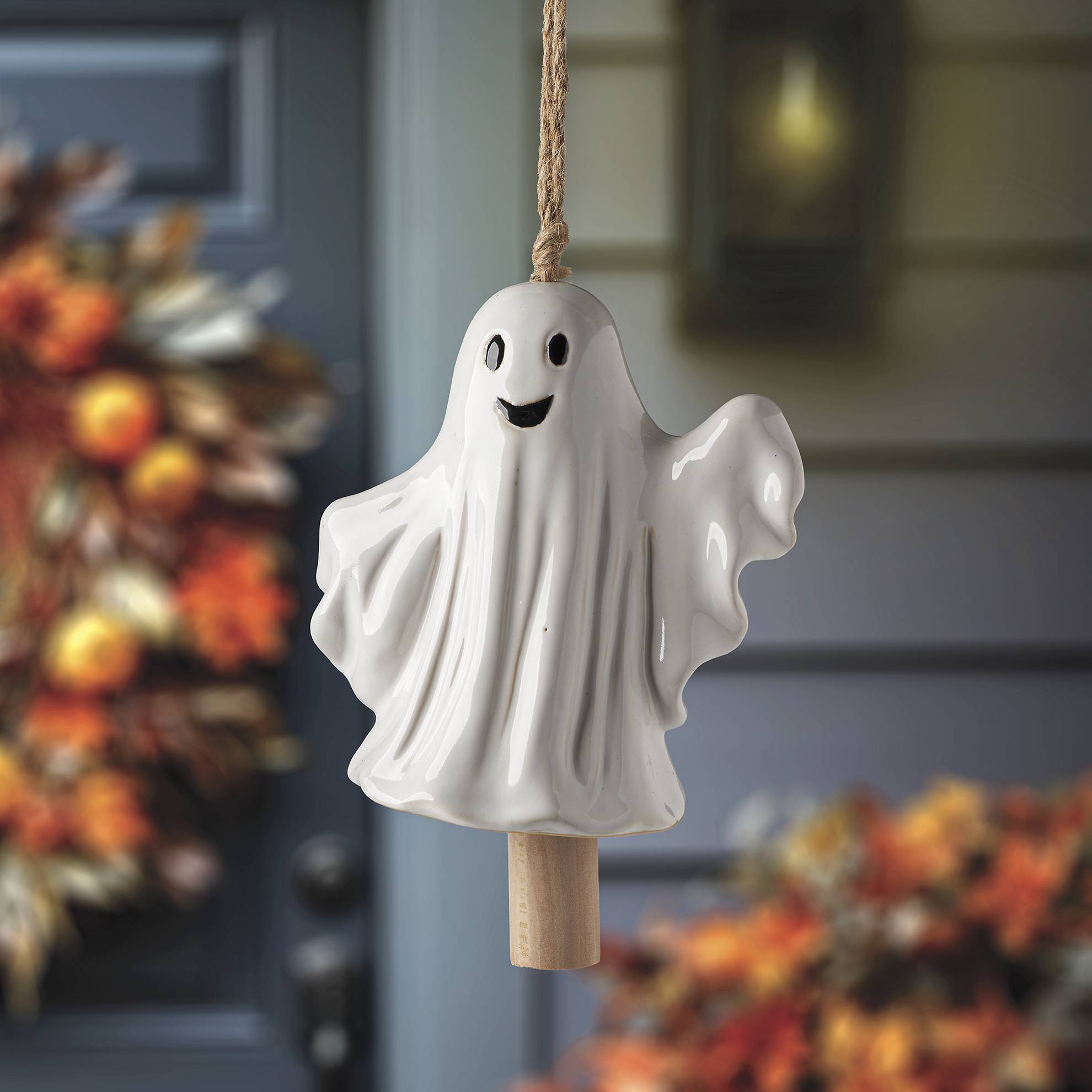 Ceramic Ghost Bell, Wooden Clapper, Jute Rope - Signals Catalog