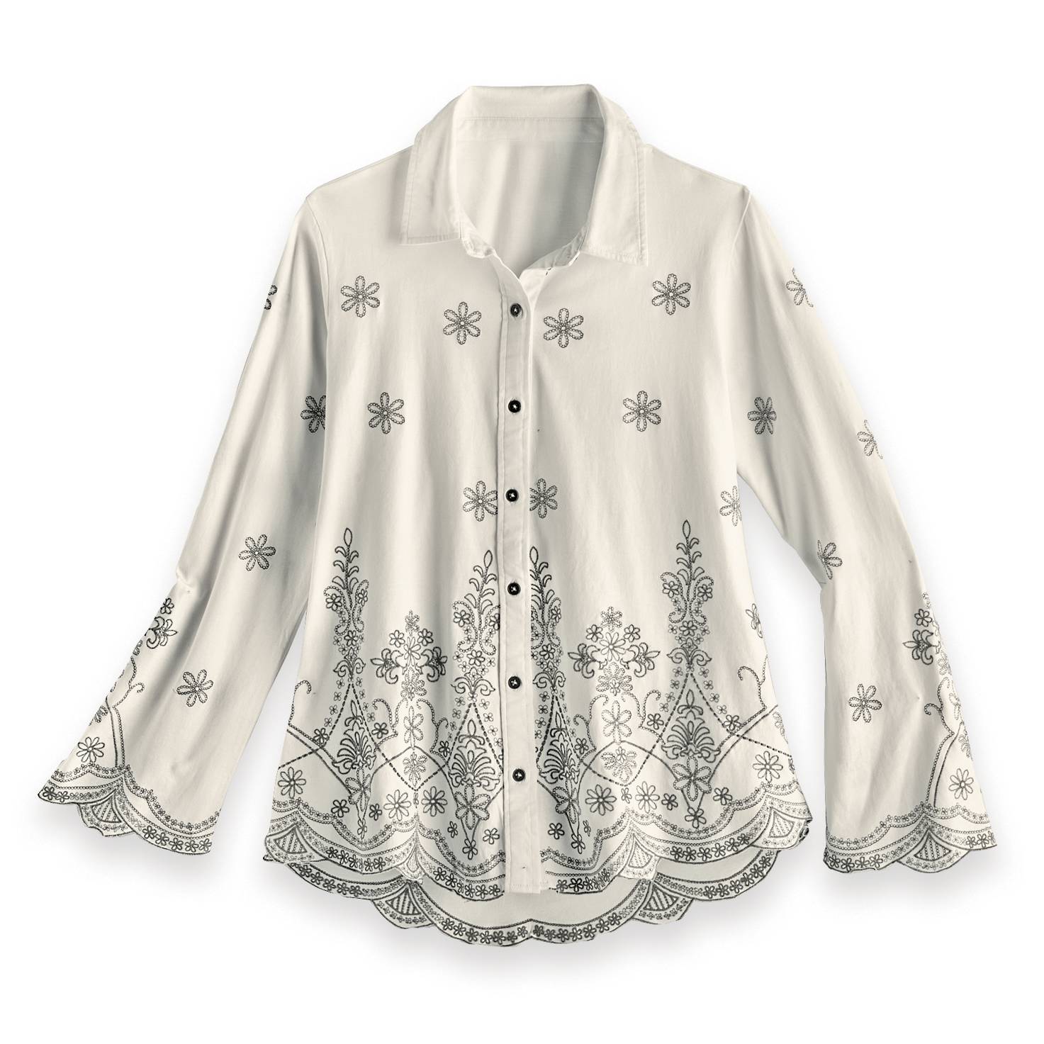 Embroidered Winter White Blouse, Scalloped Edges, Flared Sleeves - Signals Catalog