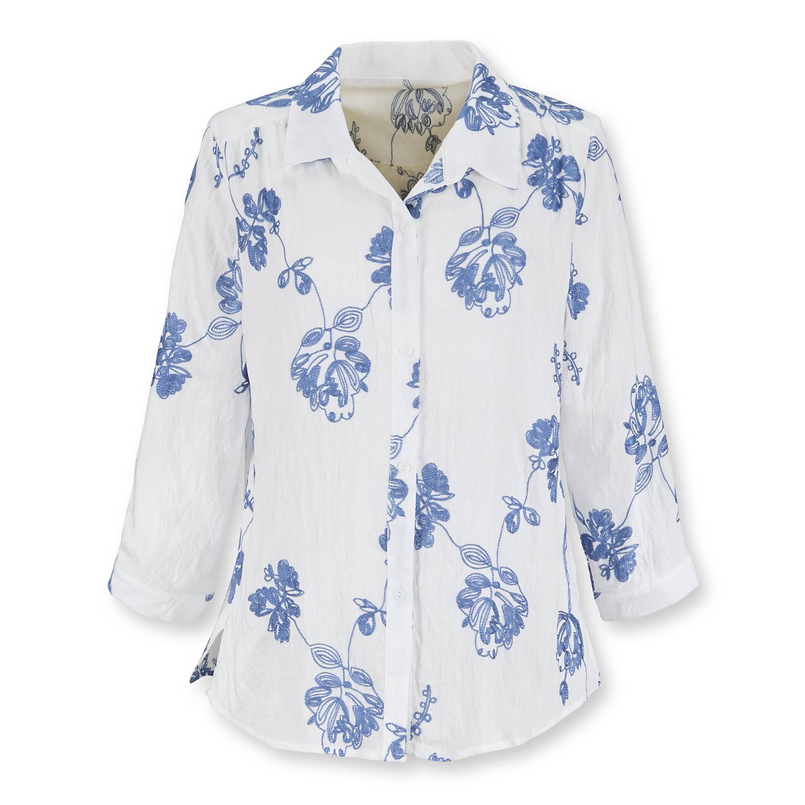 Embroidered Blue Floral Shirt, Button Front, 3/4 Sleeves, Side Slits - Signals Catalog